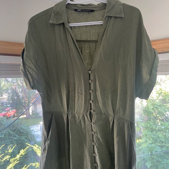 Zara Olive Green Linen Belted Midi Dress in Medium - Picture 8 of 11